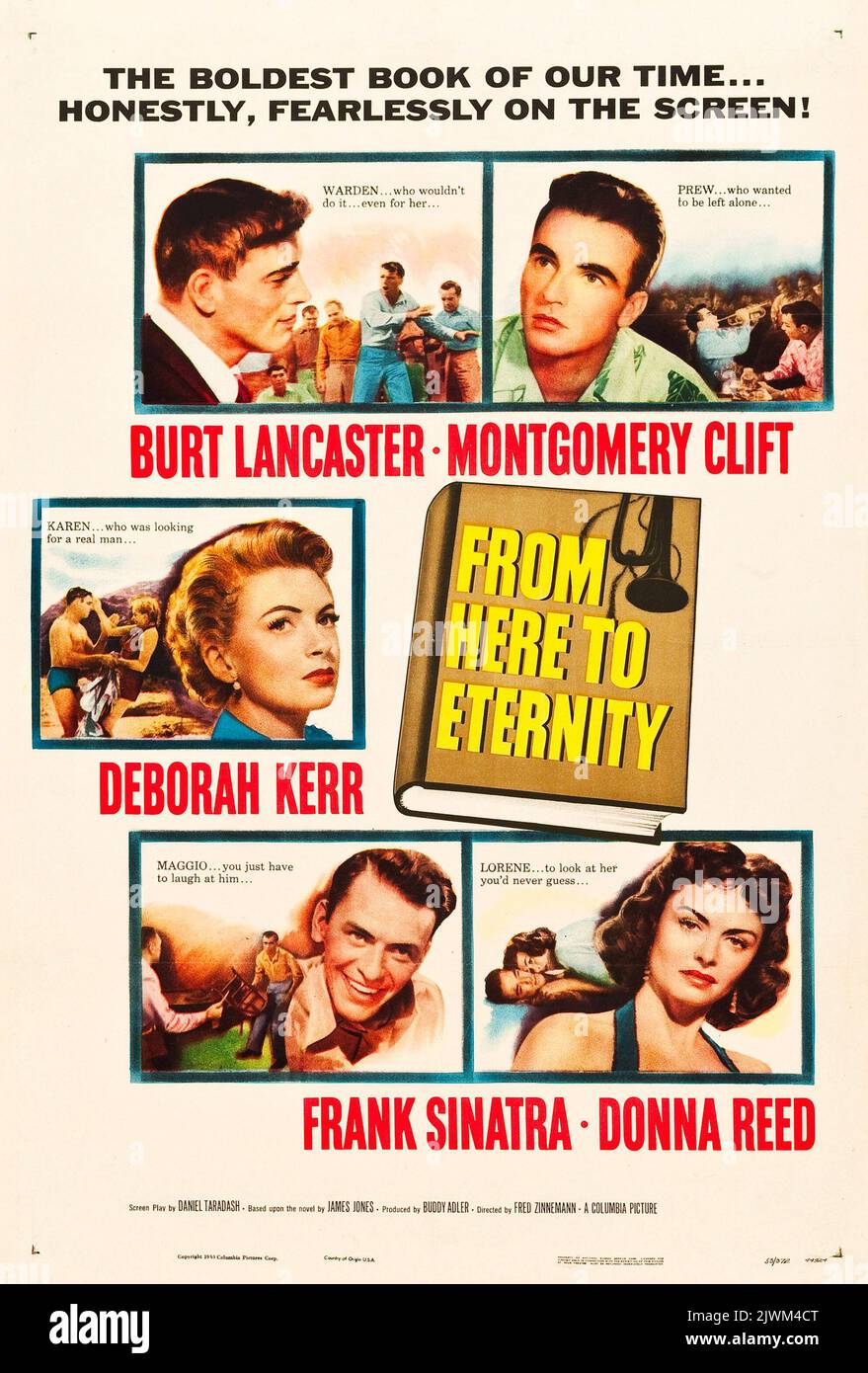 AFFICHE DE sortie THÉÂTRALE AMÉRICAINE pour le film de 1951 d'ici à Eternity. Avec Burt Lancaster, Frank Sinatra, Montgomery Clift, Deborah Kerr, Donna Reed, Philip Ober, Mickey Shaughnessy, Harry Bellaver, Ernest Borgnine, Jack Warden, Merle Travis et Tim Ryan. Réalisé par Fred Zinnemann. Banque D'Images