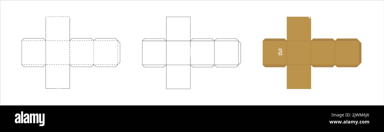 Modèle de boîte de papier carrée, schéma de rognage pour créer un emballage, modèle géométrique ouvert, illustration vectorielle sur fond blanc. Illustration de Vecteur