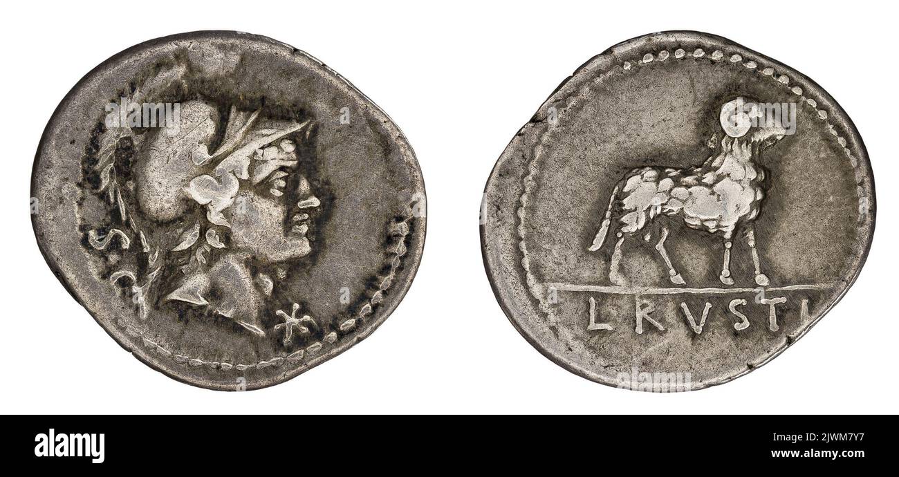 denarius. Rustius, L. (fl. 76 a.C.), responsable monétaire, Republika Rzymska, émetteur Banque D'Images denarius. Rustius, L. (fl. 76 a.C.), responsable monétaire, Republika Rzymska, émetteur Banque D'Images