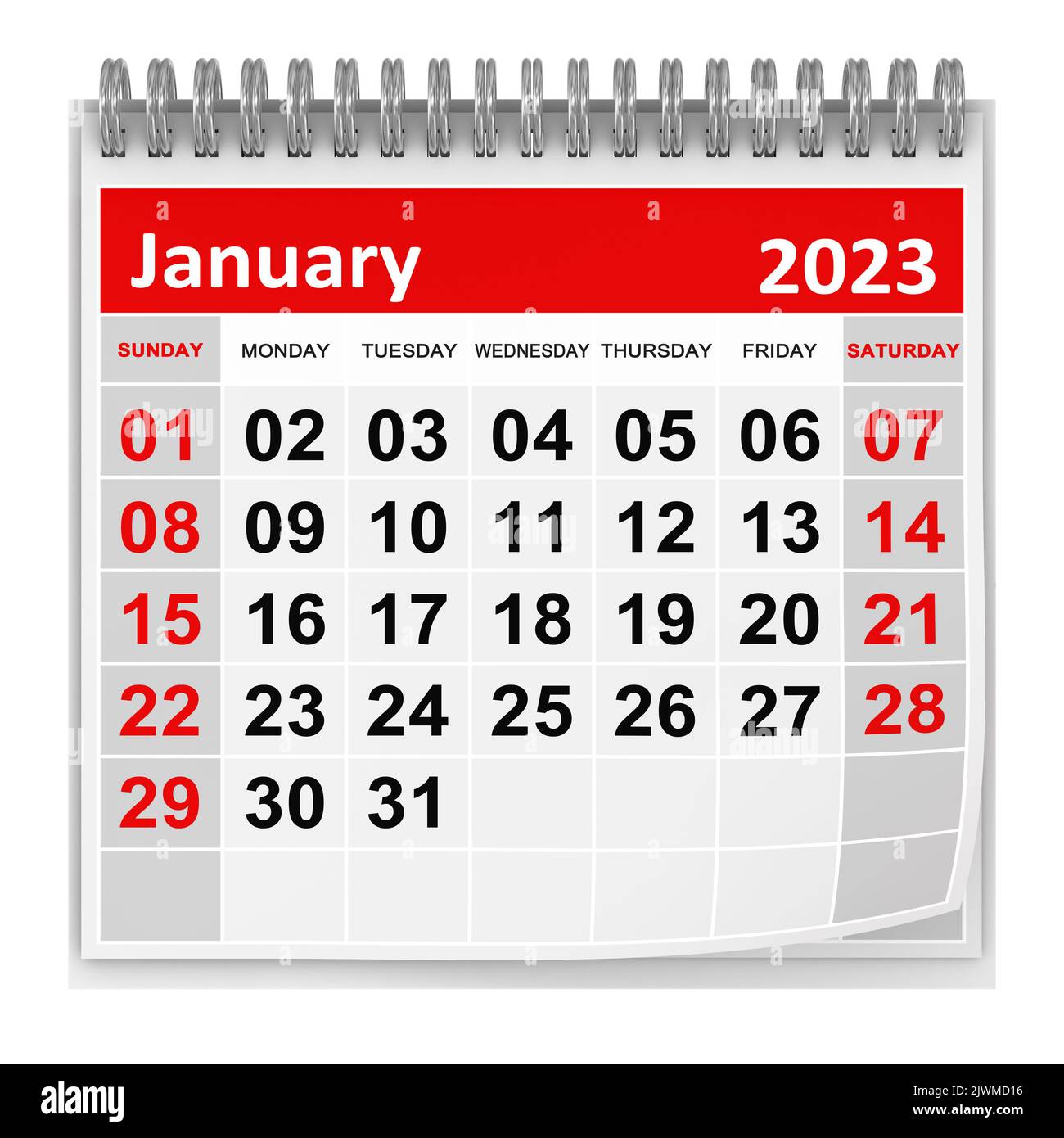 Calendrier - janvier 2023 , il s'agit d'une image générée par ordinateur en 3D. Isolé sur blanc. Banque D'Images