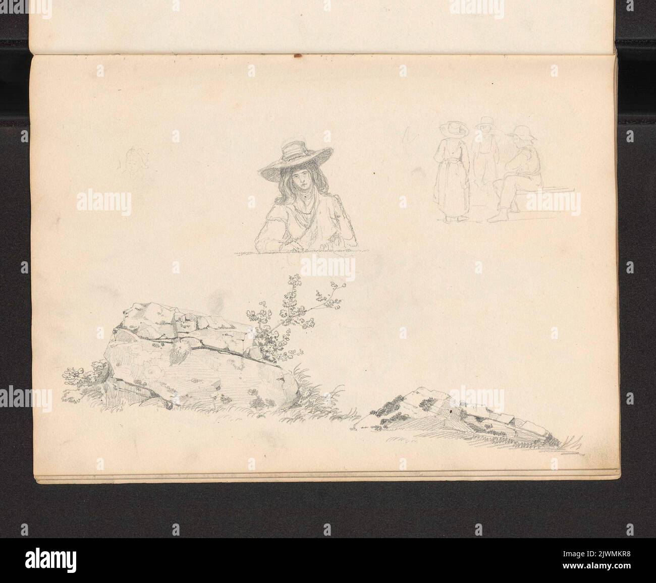 Trzy szkice: Kamienie porośnięte roślinnością, popiersie kobpiersie W kapeluszu, grupa postaci. Blaschnik, Arthur (1823-1918), dessinateur, dessinateur Banque D'Images