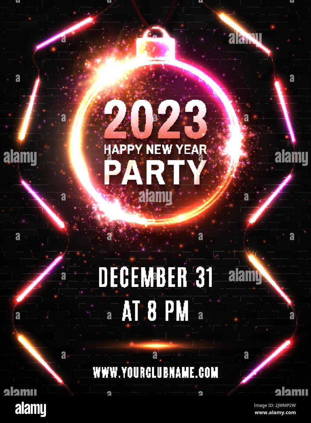 Affiche néon 2023 Happy New Year Party. Illustration de Vecteur