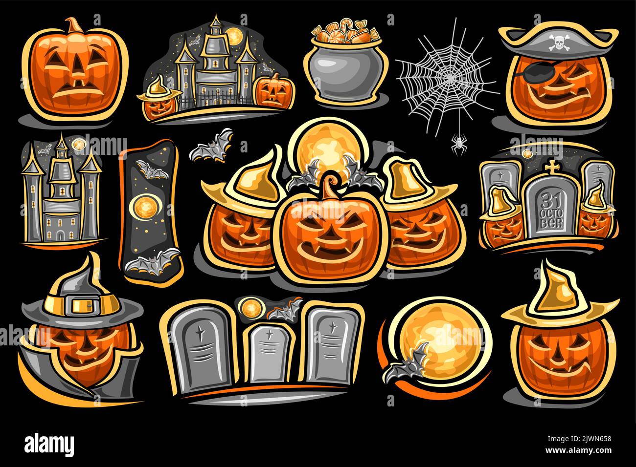 Ensemble d'Halloween Vector, lot de plusieurs compositions découpées pour des fêtes d'halloween joyeuses, Jack-o-lanternes sculptés dans des chapeaux avec des caractéristiques de variété Illustration de Vecteur