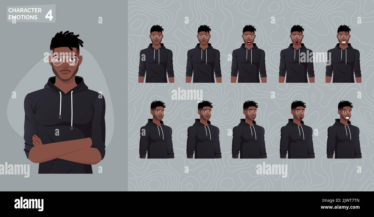 Personnage visage expressions et émotions Homme portant un sweat à capuche Premium Vector Illustration de Vecteur