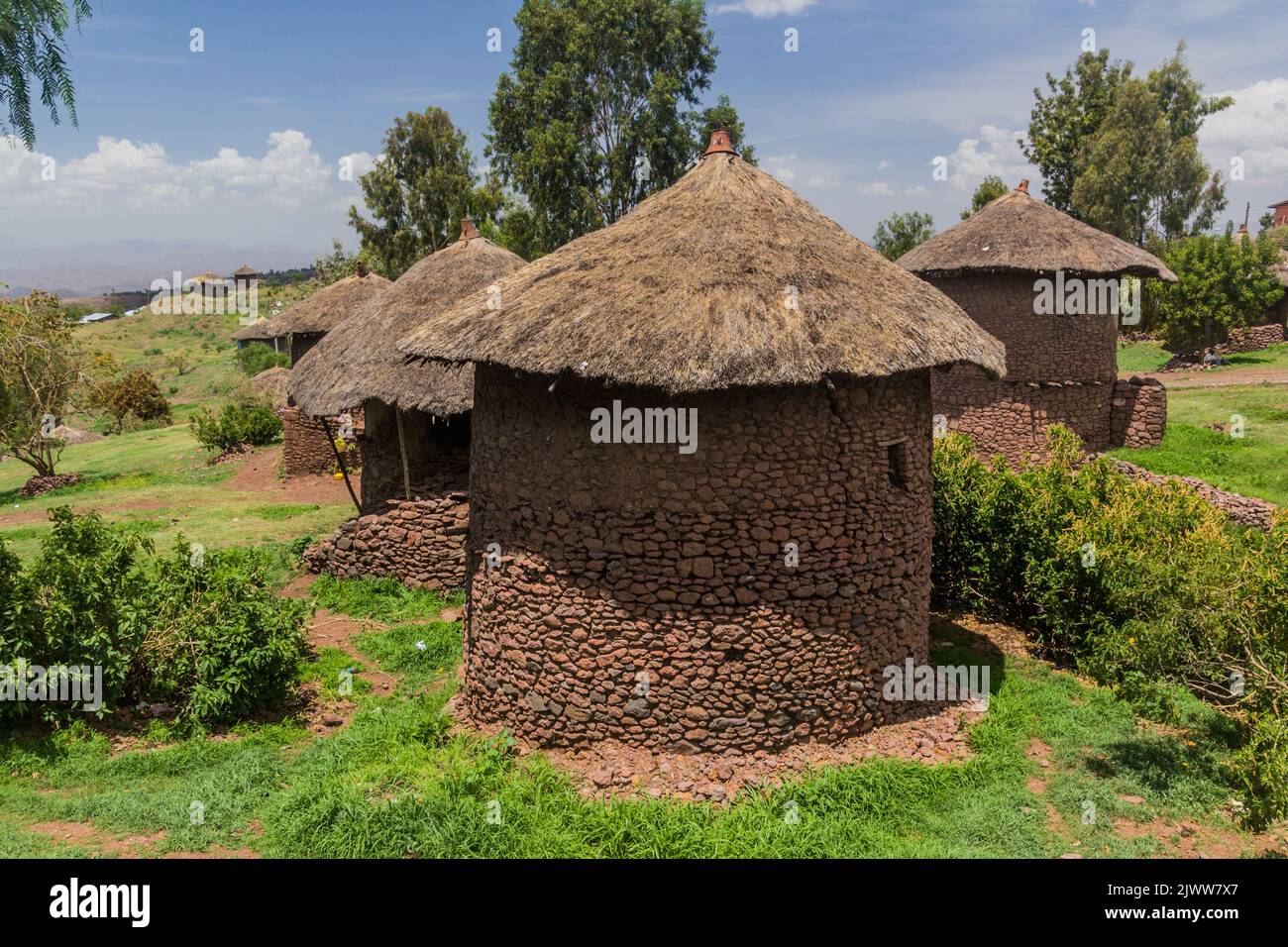 Maisons rondes traditionnelles à Lalibela, en Éthiopie Banque D'Images