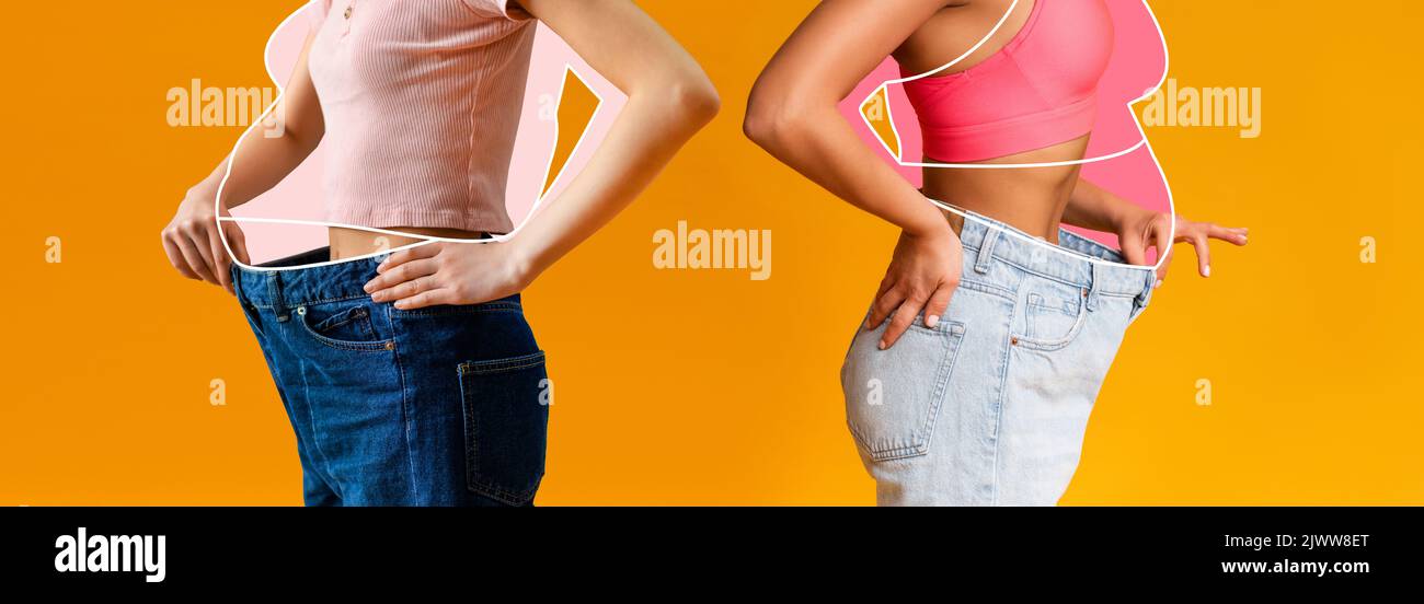 Jeunes femmes diverses, poids lourd femmes dessinées autour, dans vieux grands jeans pantalon appréciant le corps mince Banque D'Images