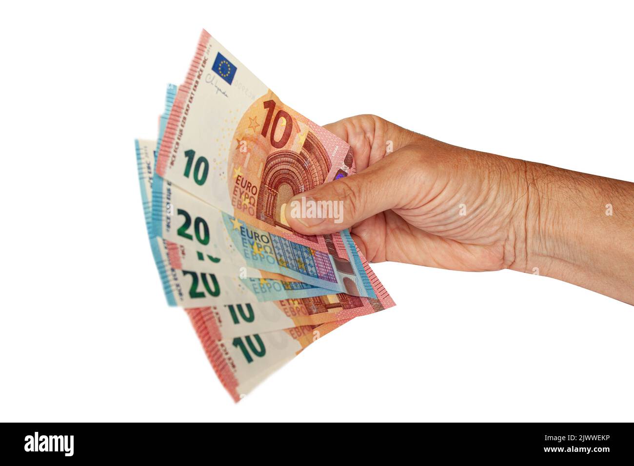 Gamme de billets de banque en euros. Image isolée sur fond blanc. Dépenses et revenus dans les pays européens. Taux de change en euro. Cs Banque D'Images