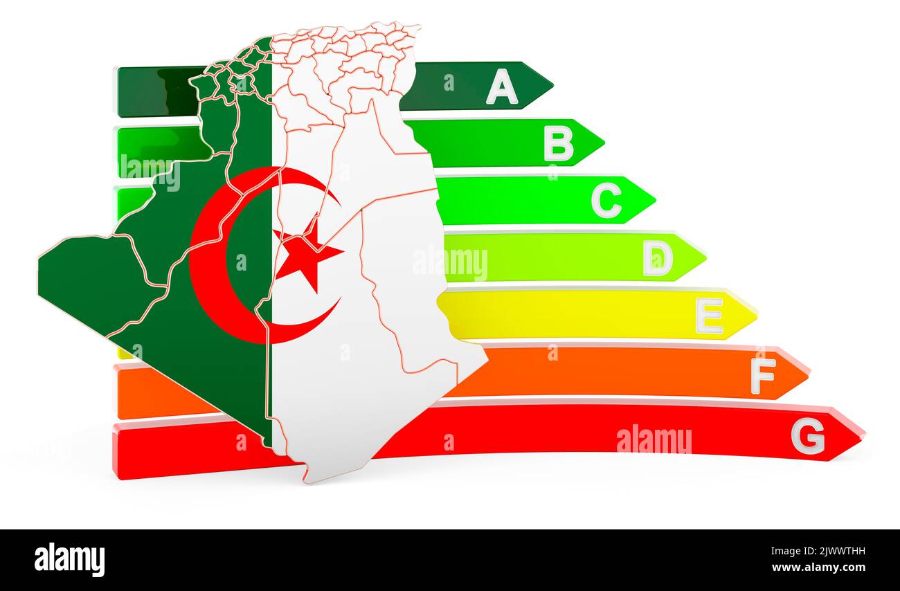 Carte algérienne avec indice d'efficacité énergétique, 3D rendu isolé sur fond blanc Banque D'Images