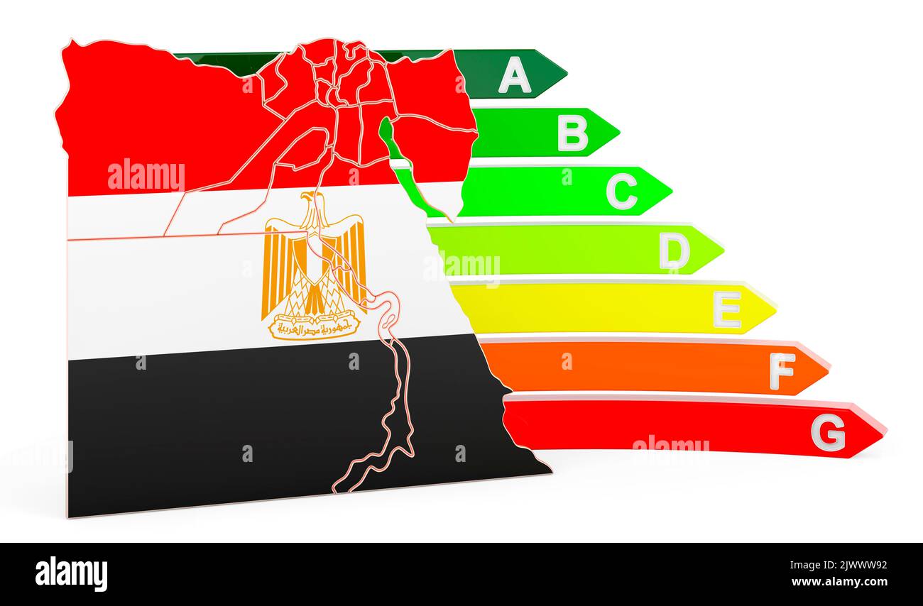 Carte égyptienne avec indice d'efficacité énergétique, 3D rendu isolé sur fond blanc Banque D'Images