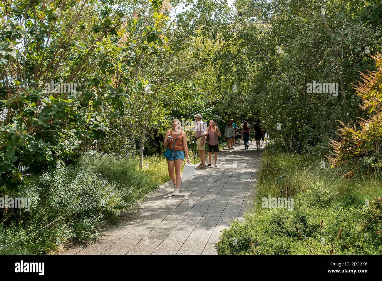 Une femme vérifie son téléphone tout en marchant le long du Chelsea Highline Park à Manhattan, New York City, États-Unis Banque D'Images