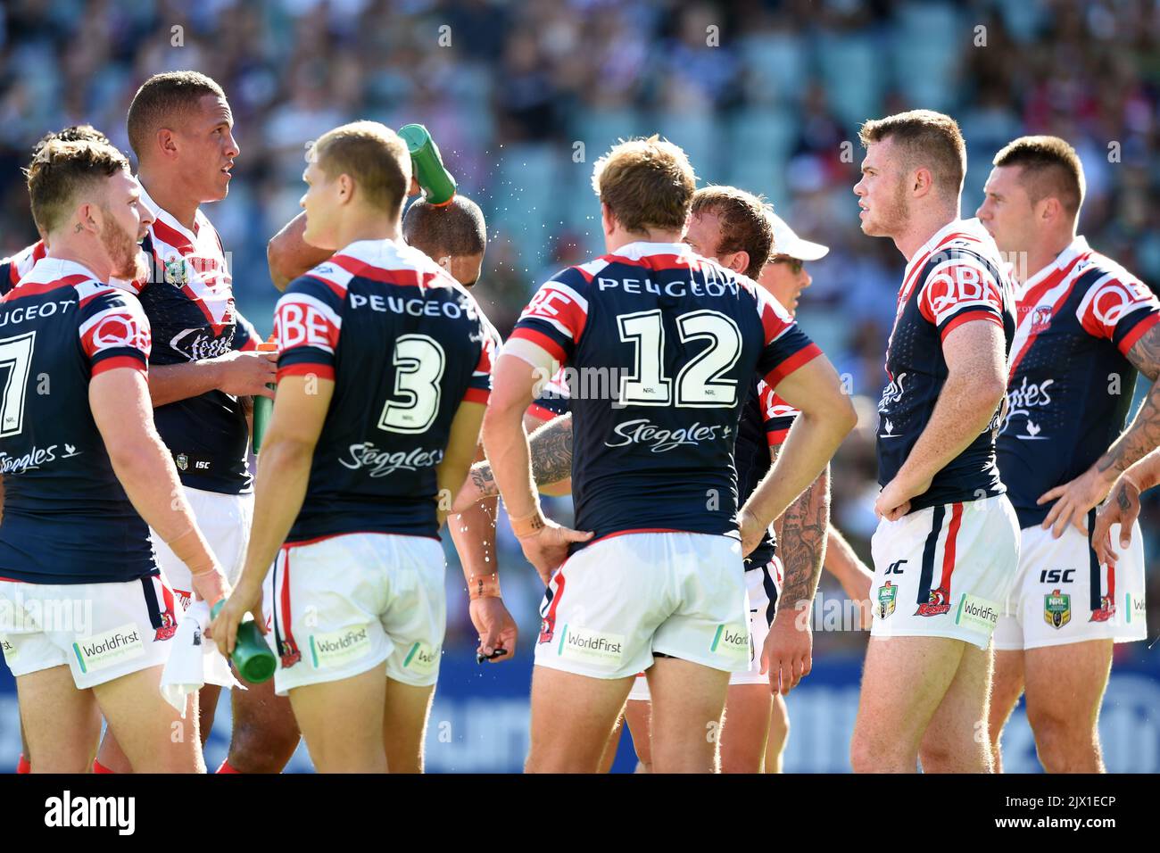 Les joueurs de roosters regardent après un essai marqué par Cameron McInnes des Rabbitohs lors du match de 1 NRL entre les roosters de Sydney et les Rabbitohs du sud de Sydney au stade Allianz de Sydney, dimanche, 6 mars 2016. (AAP image/Paul Miller) Banque D'Images