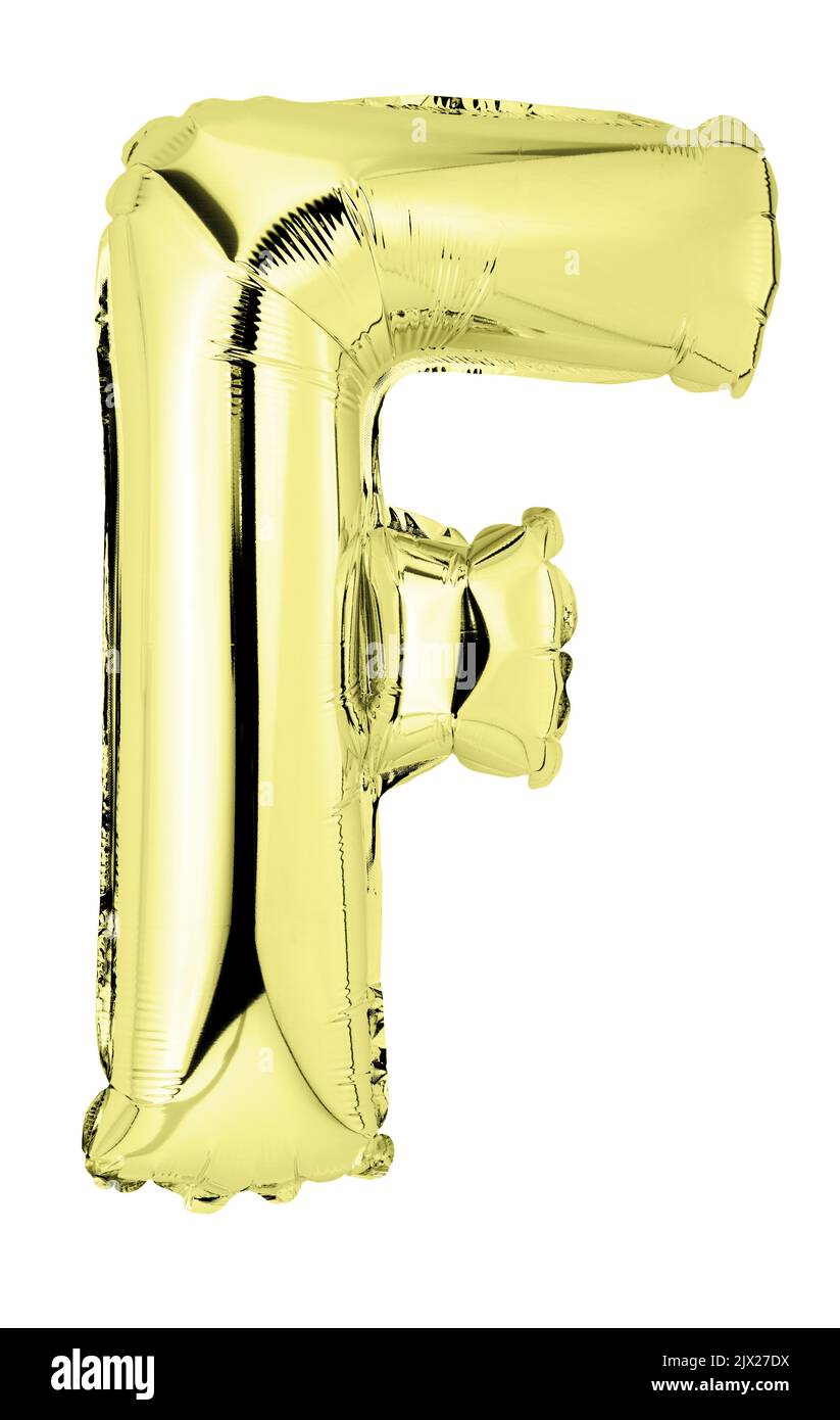 Lettre F dans le ballon en mylar doré isolé sur blanc Banque D'Images