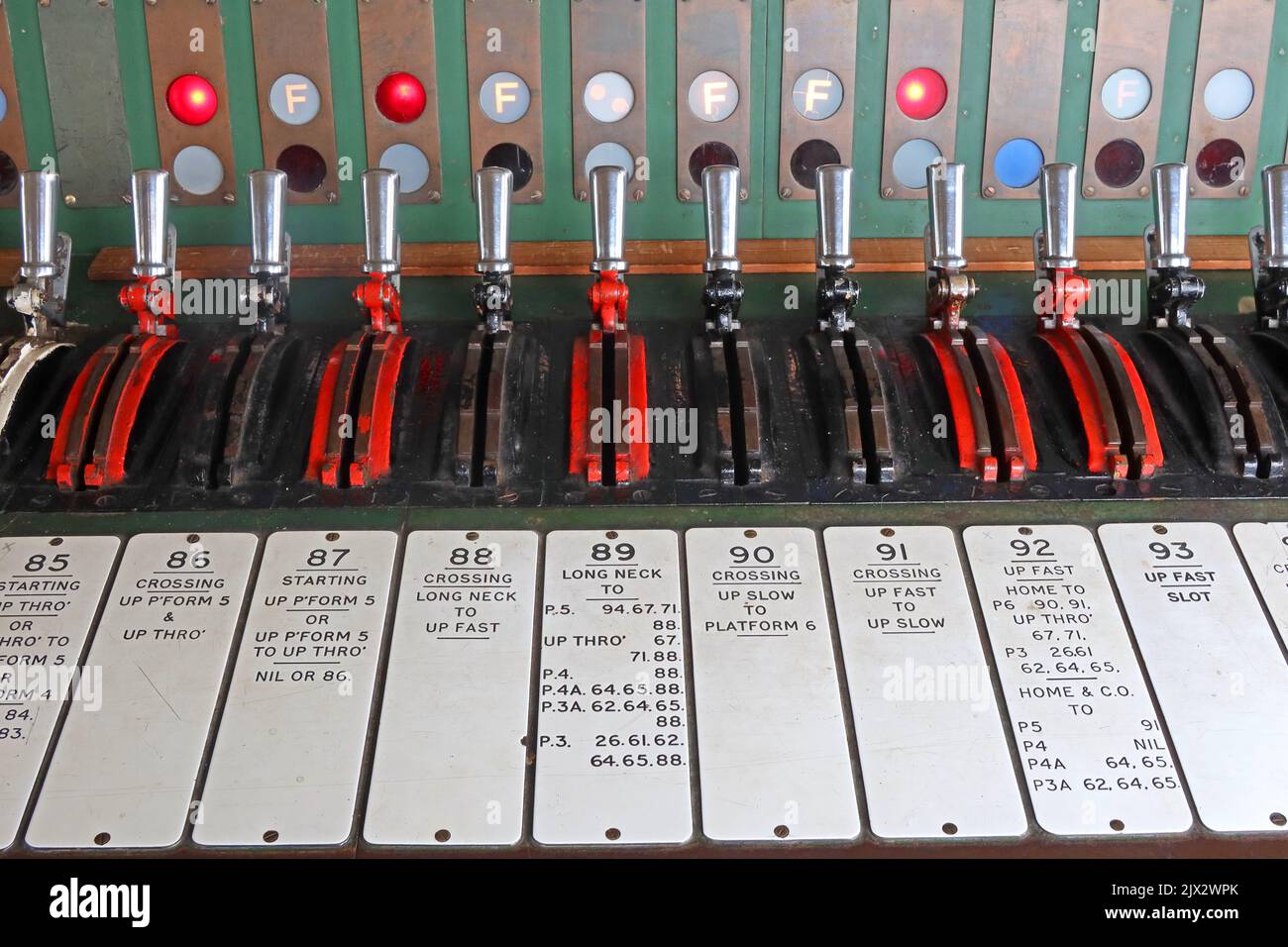 Leviers de boîte de signalisation de puissance, bureau de boîte de signalisation Crewe North, avec points étiquetés et signaux. Haut Thro, Haut rapide, Haut lent, croisement, fente Banque D'Images