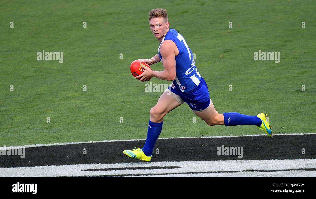 Jack Ziebell des kangourous est vu en action lors du match AFL de la série 3 entre les kangourous du nord de Melbourne et les Giants du grand ouest de Sydney à la Blundstone Arena de Hobart, samedi, 8 avril 2017. (Image AAP/Julian Smith) Banque D'Images