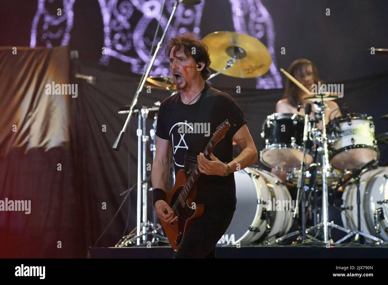 Rio de Janeiro, Brésil, 2 septembre 2022. Chanteur et guitariste Joe Duplantier du groupe de rock français Gojira, lors d'un concert à Rock à Rio 2022, Banque D'Images