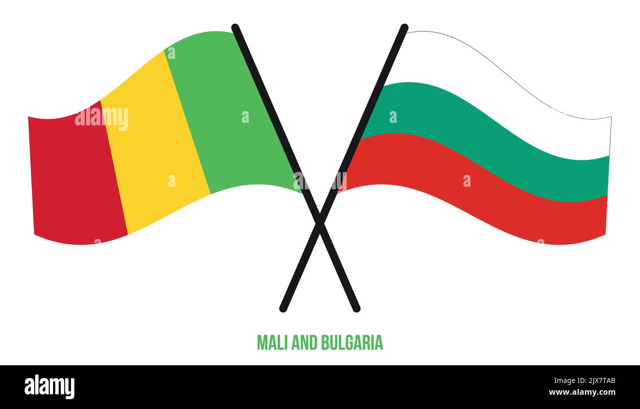 Mali et Bulgarie drapeaux croisés et ondulant le style plat. Proportion officielle. Corriger les couleurs. Illustration de Vecteur