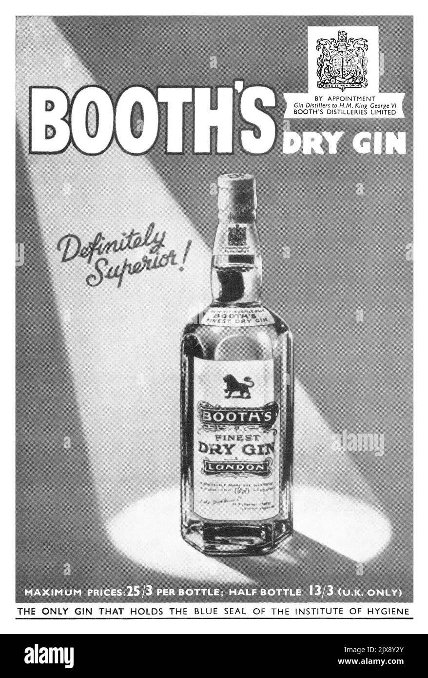 1947 publicité britannique pour le meilleur Dry Gin de Booth. Banque D'Images