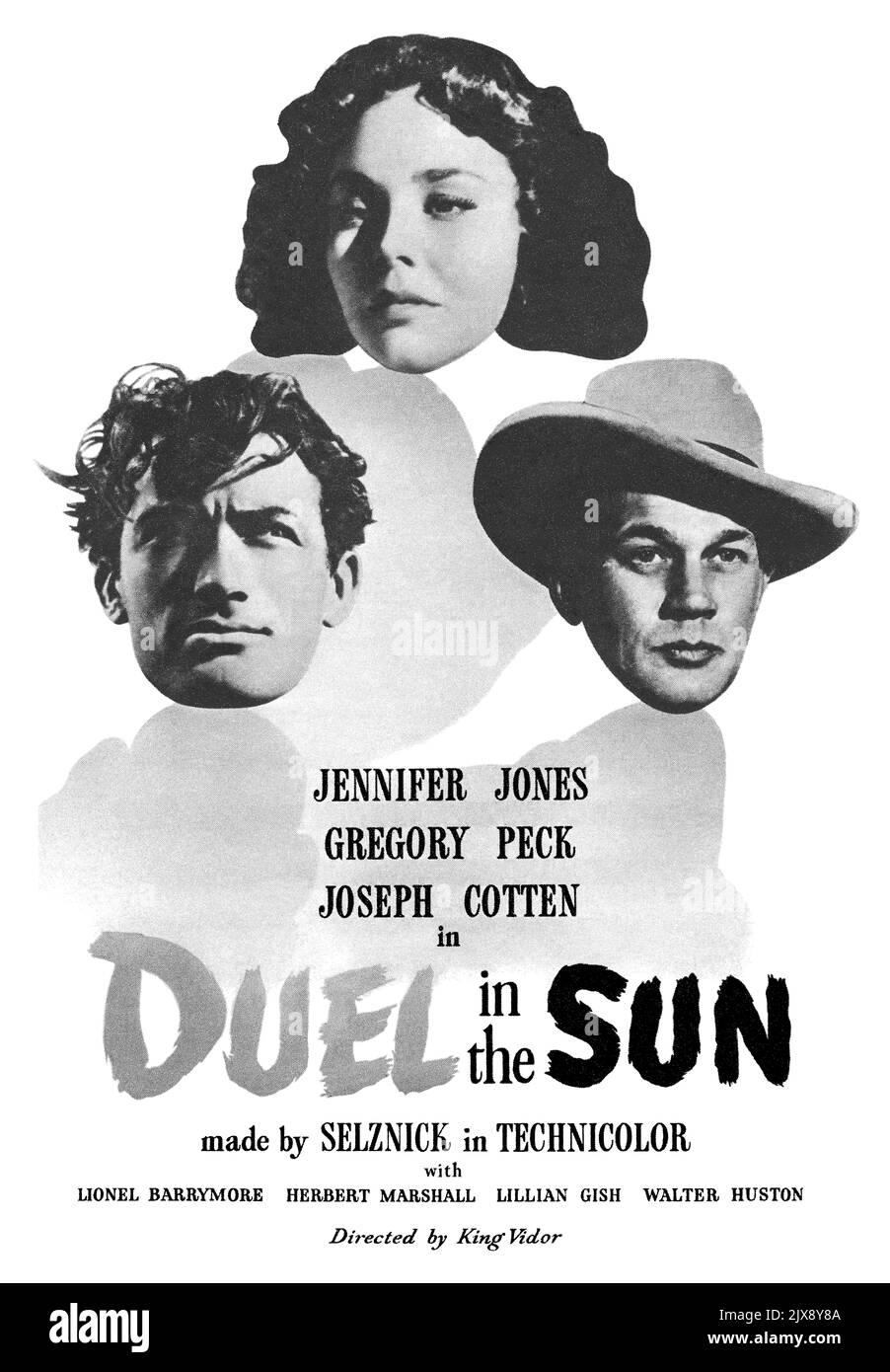 1947 Publicité britannique pour le film Duel in the Sun, avec Jennifer Jones, Gregory Peck et Joseph Cotten et réalisé par King Pendi. Banque D'Images