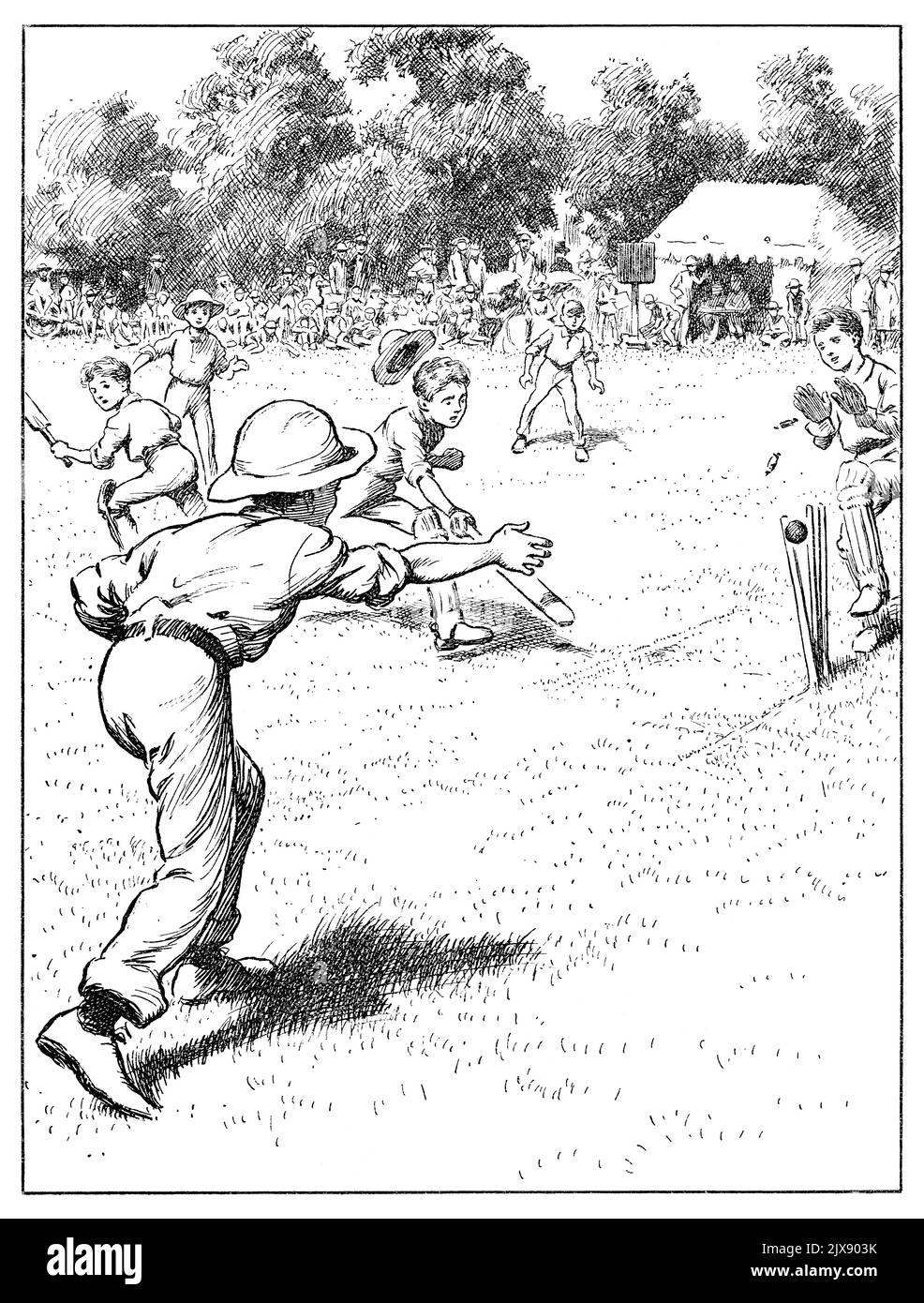 1891 illustration victorienne vintage des garçons jouant au cricket. Du livre pour enfants Sunday Reading for the Young. Avec bordure. Banque D'Images