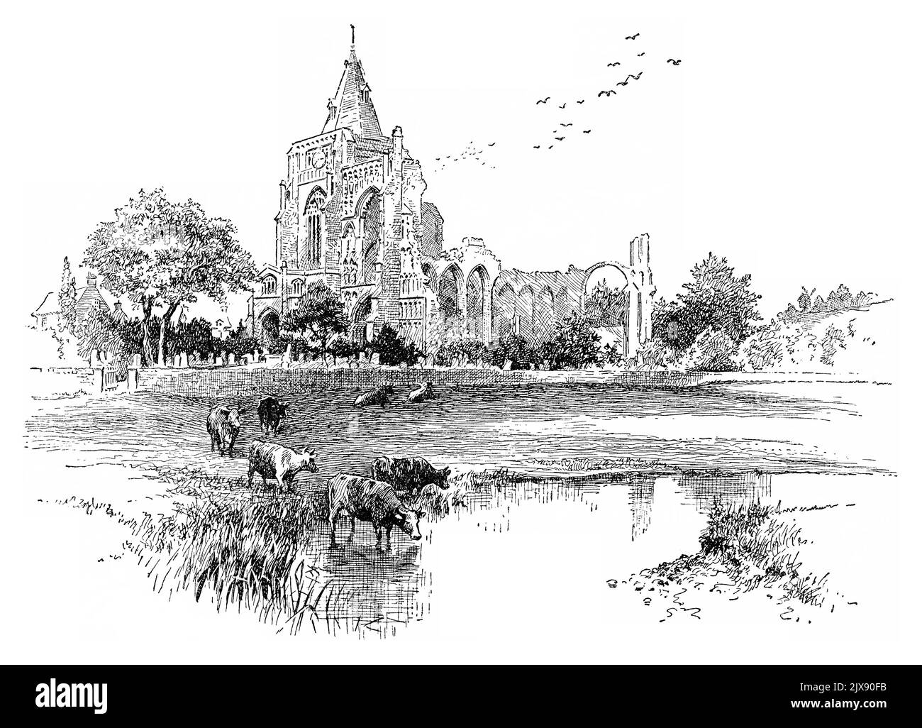 1891 ancienne illustration victorienne de l'abbaye de Crowland dans le Lincolnshire. Du livre pour enfants Sunday Reading for the Young. Sans bordure. Banque D'Images