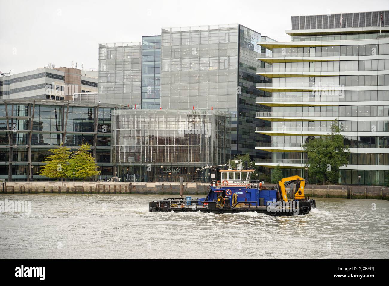 Un bateau-pilote/remorqueur sur la Tamise dans la ville de Londres, en Angleterre. Secouer un chien de support multi-usage avec une grue. Banque D'Images