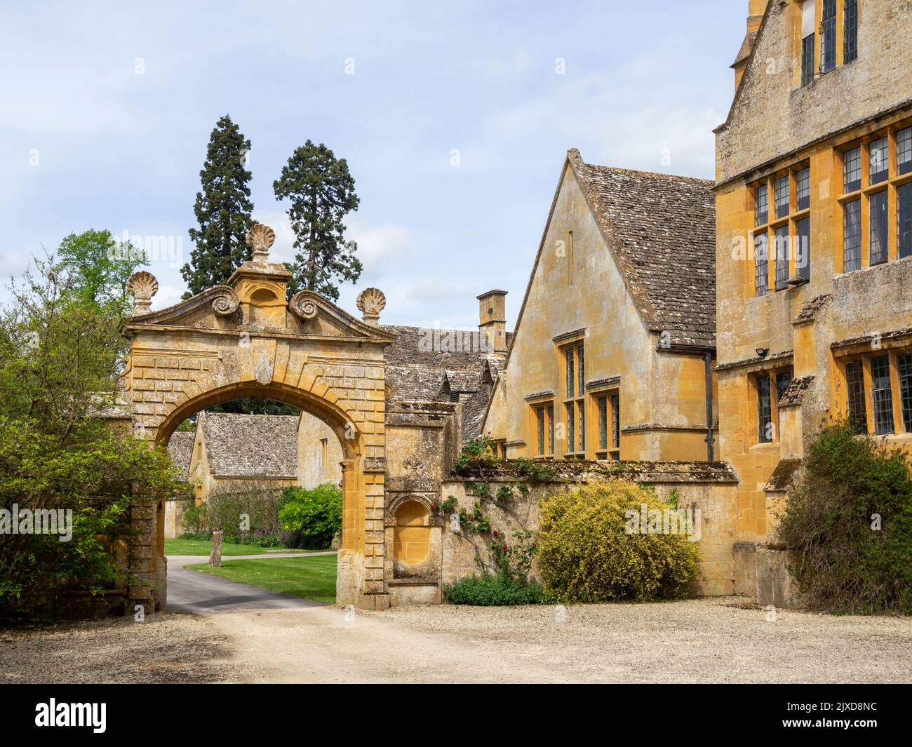 Extérieur de Stanway House, manoir de Jacobean du 16th siècle, Stanway, Cotswolds, Gloucestershire Banque D'Images