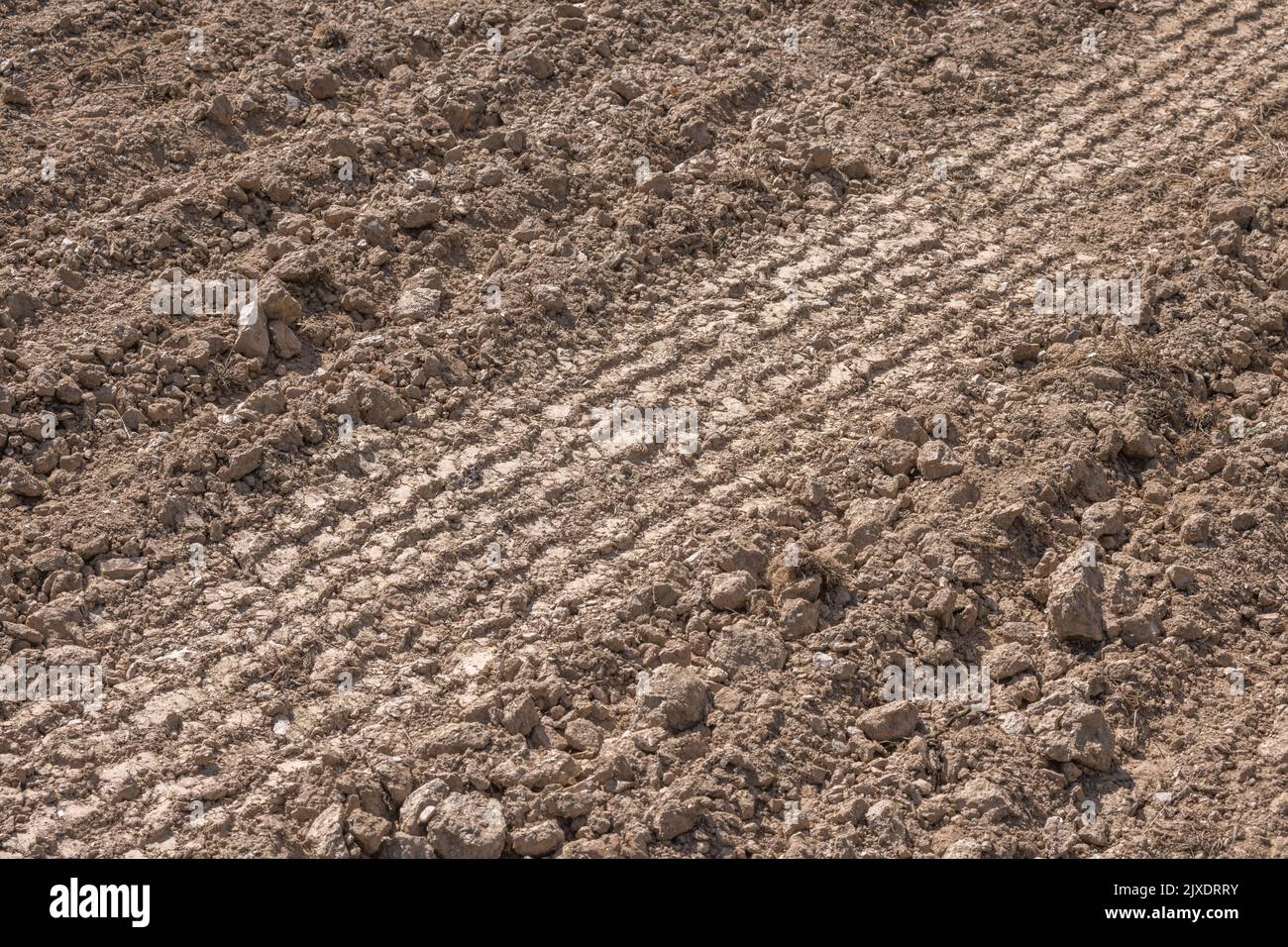 Chenilles de pneus de tracteur agricole dans un sol sec et parché dans un champ préparé pour la plantation de nouvelles récoltes. Pour les terres sèches ou les terres agricoles, l'agriculture britannique, laissez une impression Banque D'Images