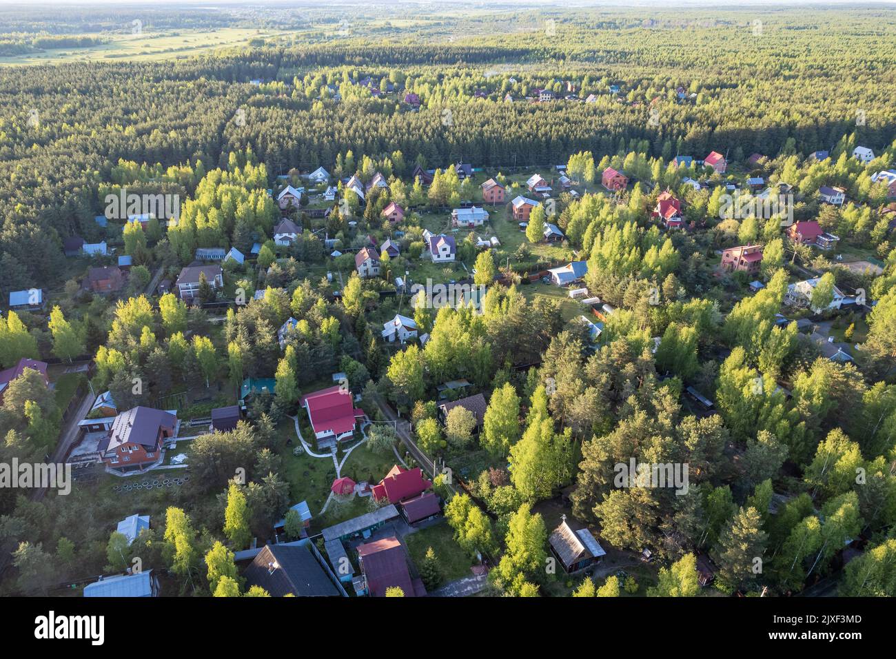 Vue aérienne du village dans une forêt avec de petites maisons Banque D'Images