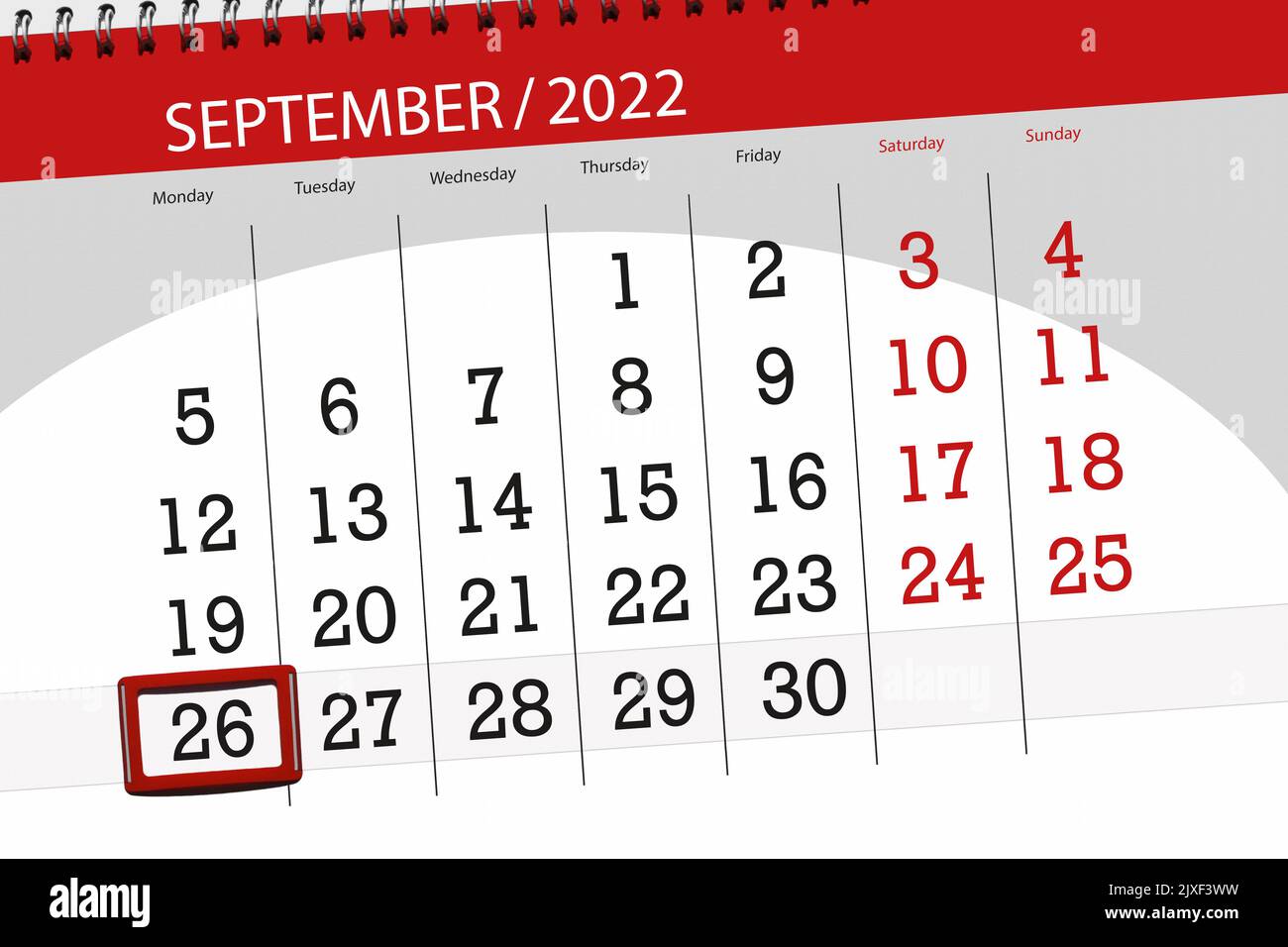 Calendrier pour le mois de septembre 2022, date limite, 26, lundi. Banque D'Images