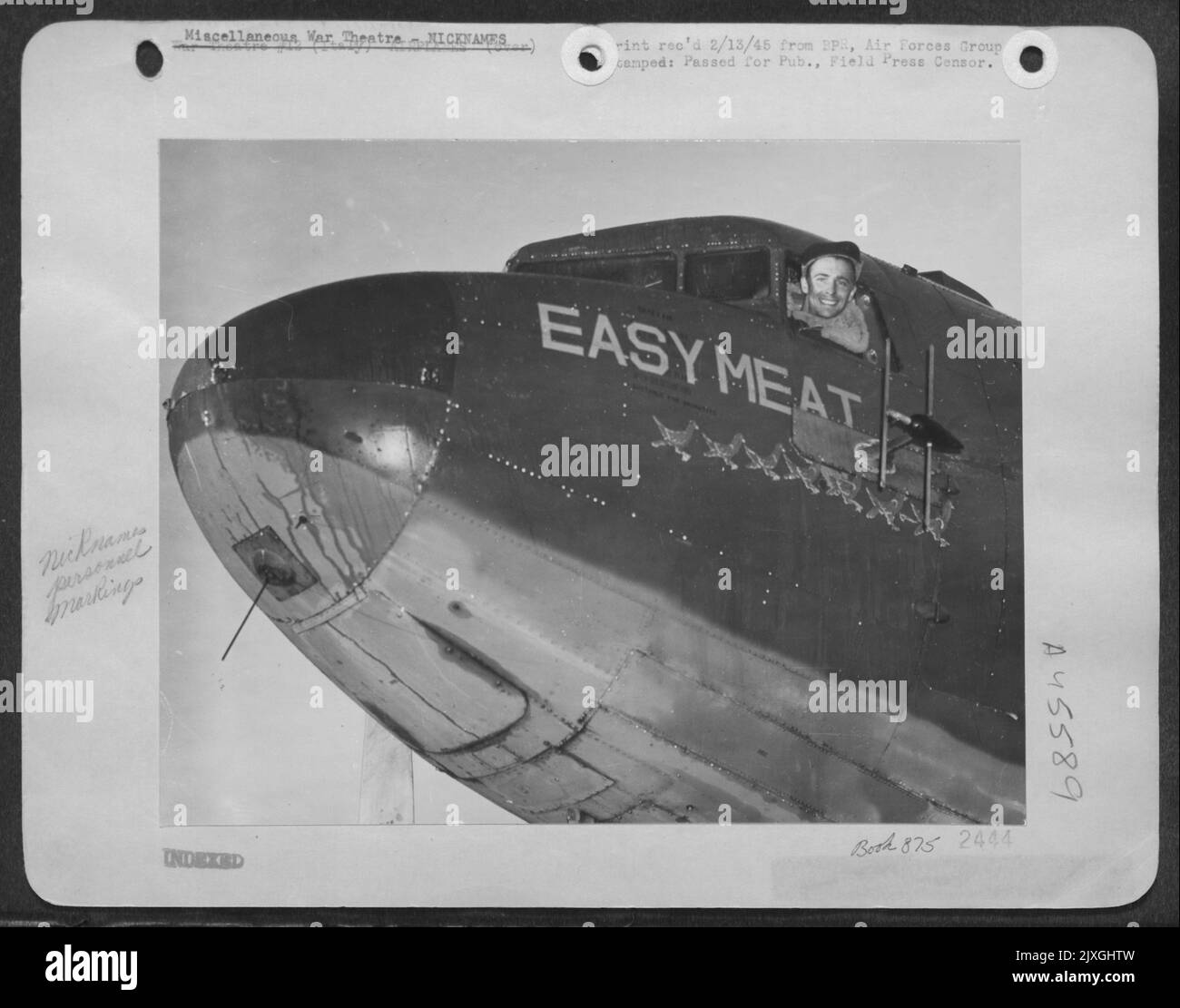 Italie - quand Sgt Henry V. stocks, Kansas City, Missouri, chef d'équipage, a dédaigné nommé son navire Easy Meat, il a peu pensé que cela pourrait un jour être Un tueur. Mais la peinture Titular n'avait guère séché quand Easy Meat a pris Une formation de Pigeons Head-On. L'oiseau Banque D'Images