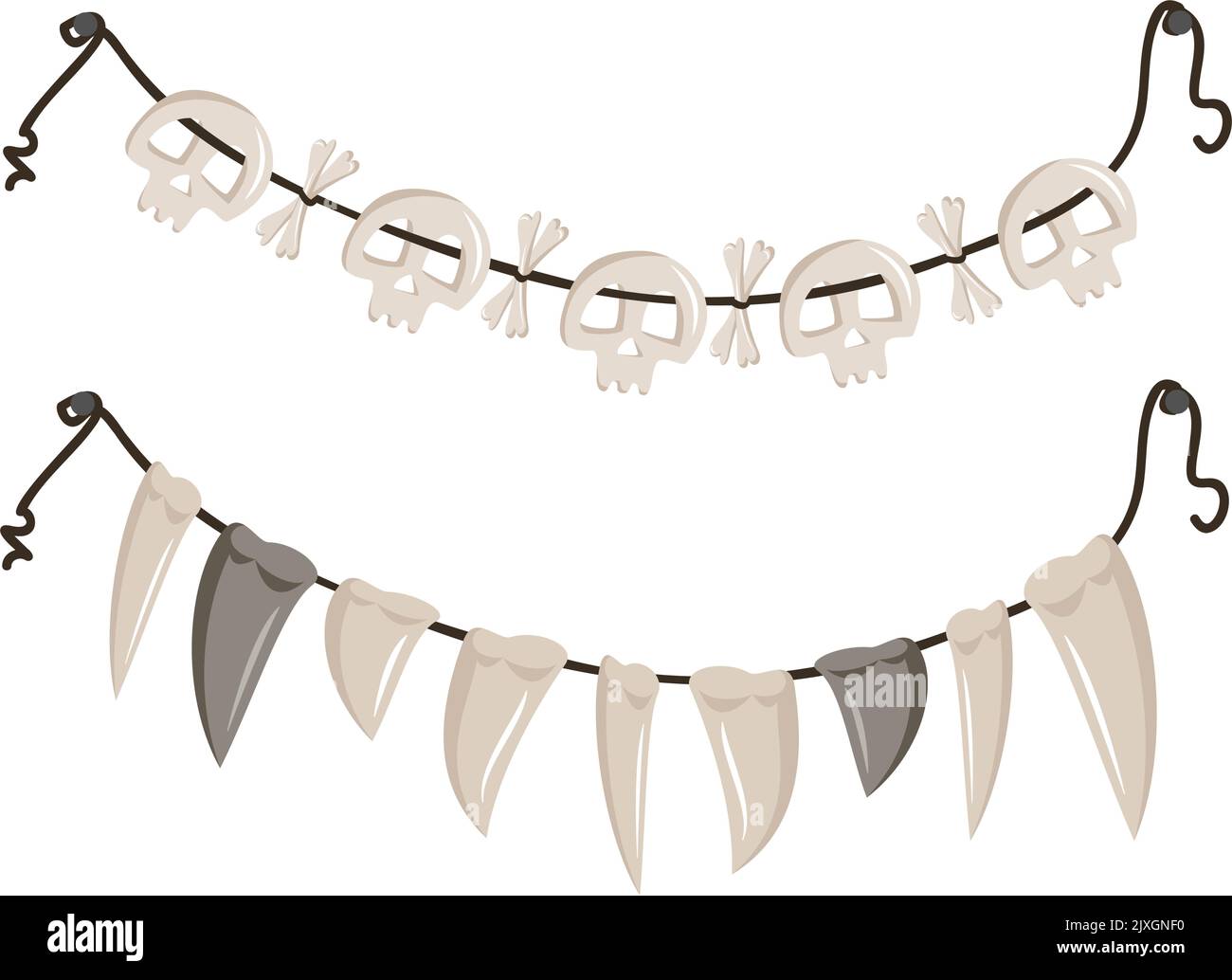 Jeu de perles en crânes, crossos et fangs accrochés à la corde. Halloween fête décoration ou collier. Illustration vectorielle plate Illustration de Vecteur