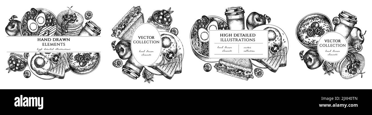 Modèles de cadres dessinés à la main pour le petit déjeuner. Illustrations vintage de sandwich, crêpes, bol avec avocat, porridge avec baies, gâteau de chia, œufs frits Illustration de Vecteur