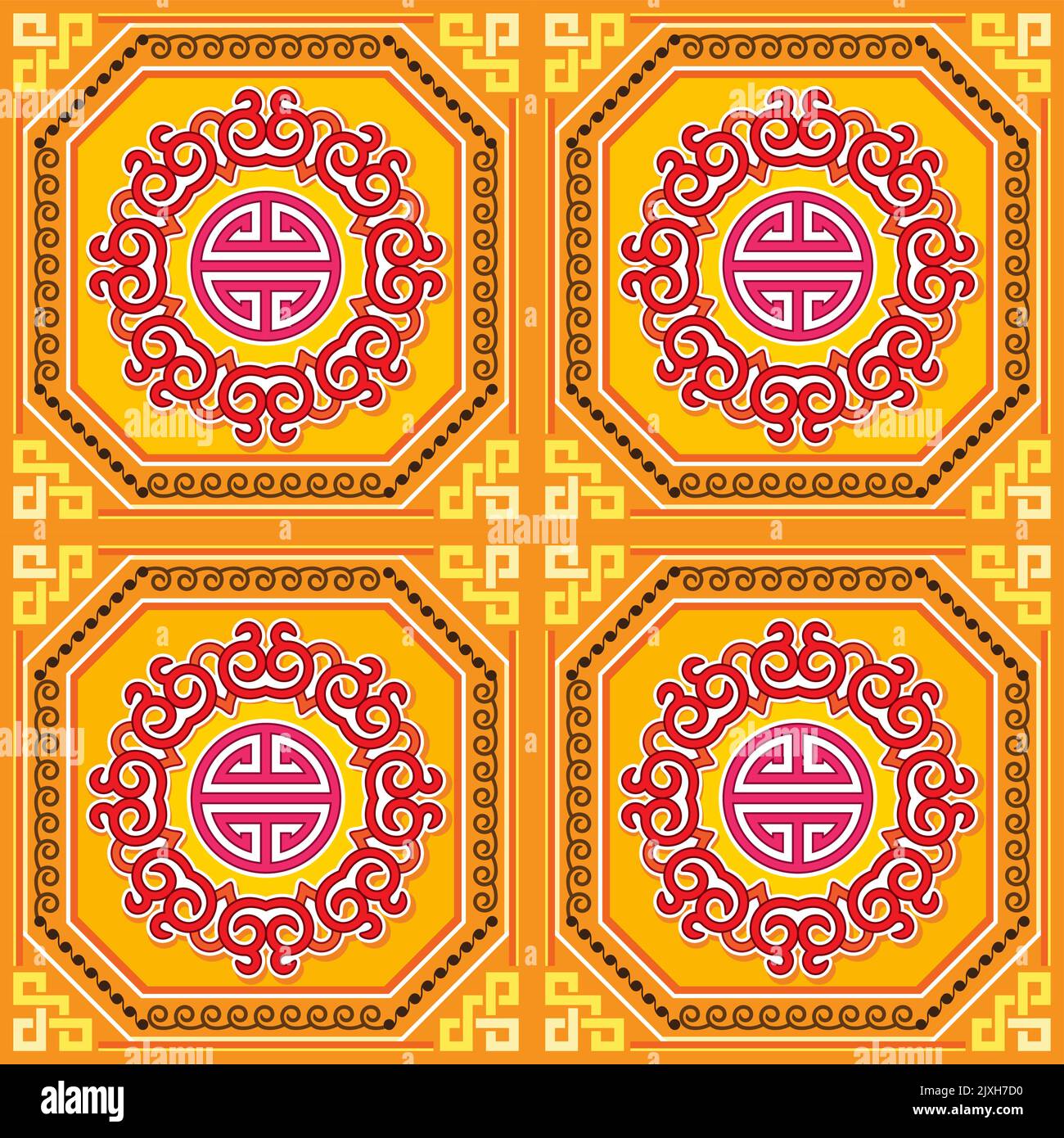 Motif vectoriel oriental mongol sans couture, décor d'art folklorique rétro avec tourbillons et formes géométriques jaune, rouge et marron Illustration de Vecteur