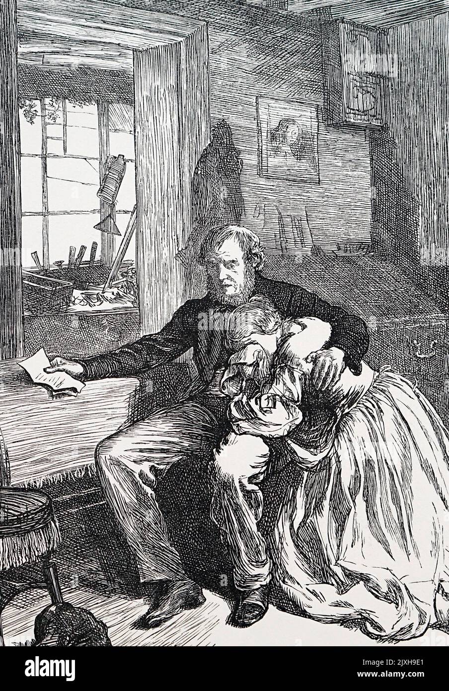 Illustration représentant un mari et une femme qui pleurent après avoir reçu des nouvelles sur la perte de leur enfant. Daté du 19th siècle Banque D'Images