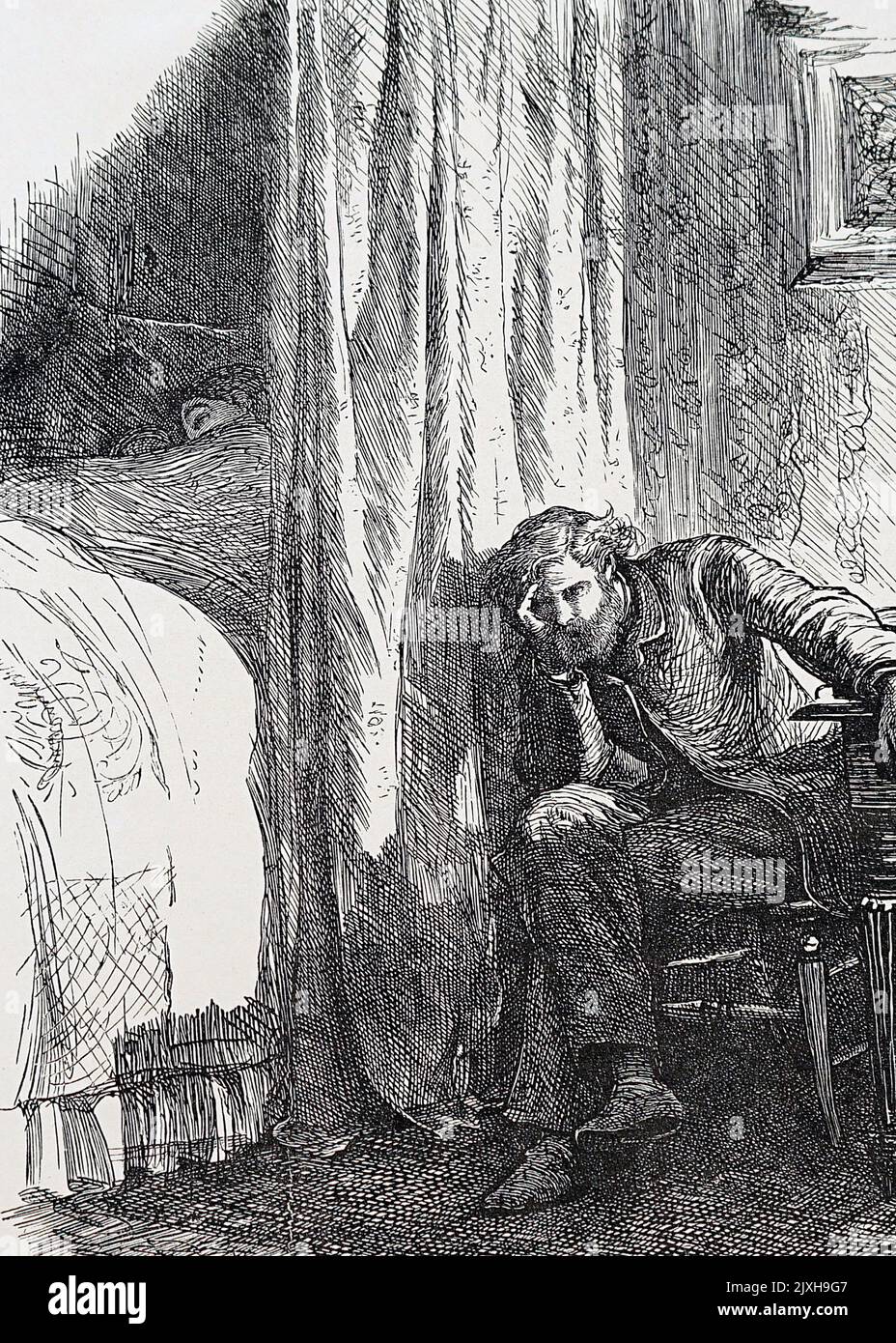 Illustration représentant un homme en détresse sur ses finances. Illustré par Frederick Walker (1840-1875), peintre et illustrateur social réaliste anglais. Daté du 19th siècle Banque D'Images