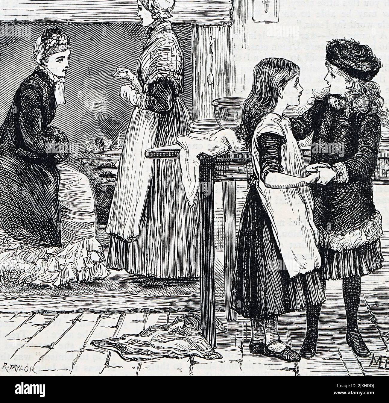 Illustration représentant une femme et une fille visitant des cottagers pauvres. Par Mary Ellen Edward (1838-1934) artiste anglaise qui a contribué à de nombreux journaux et revues victoriennes. Daté du 19th siècle Banque D'Images