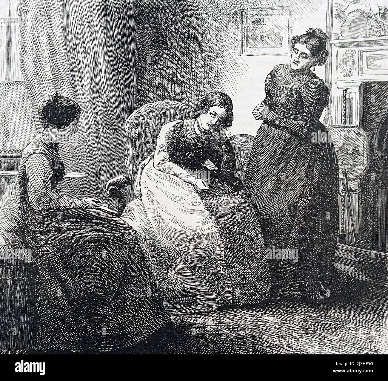 Illustration intitulée 'Sisters' représentant deux sœurs assis avec leur mère. Daté du 19th siècle Banque D'Images