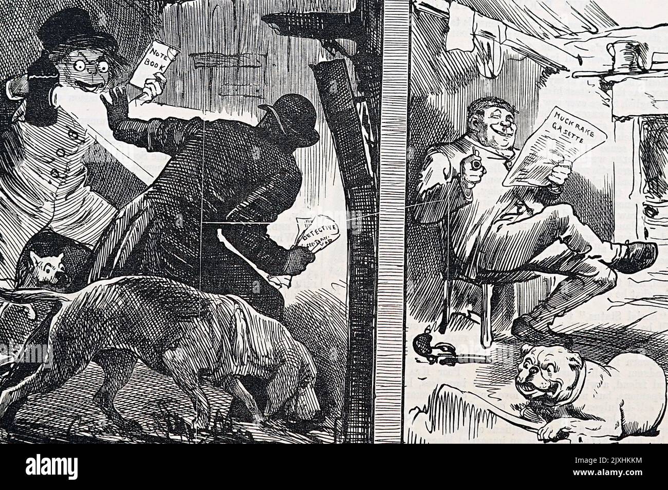 Caricature satirizing le travail d'un détective extourné par des journalistes, à la recherche d'une histoire louche. Daté du 19th siècle Banque D'Images