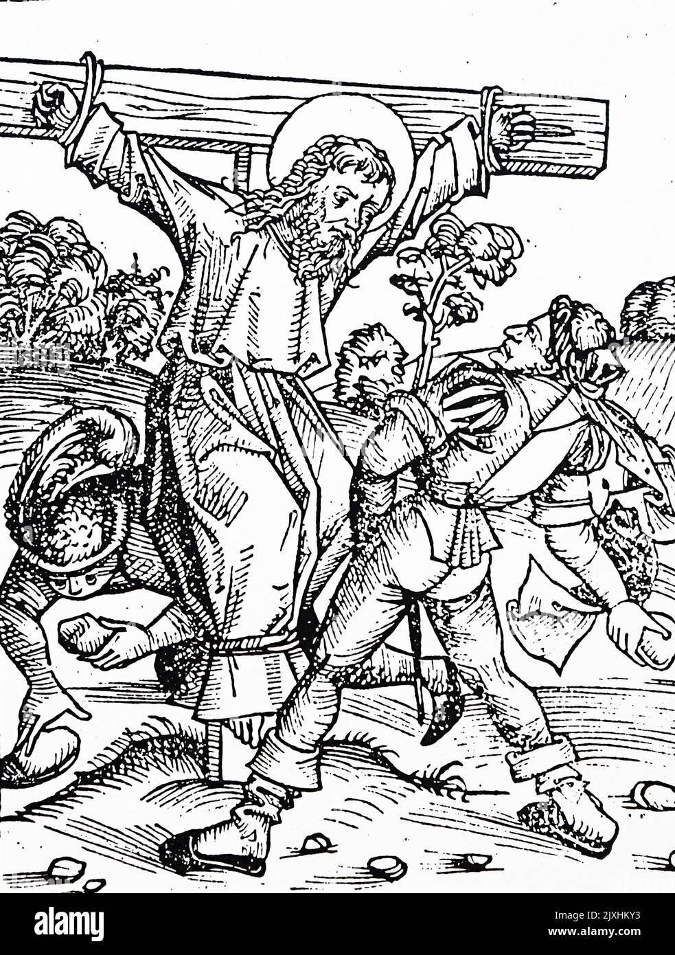 Coupe de bois représentant le martyre de l'Apôtre Philippe par crucifixion et lapidation. Daté du 15th siècle Banque D'Images