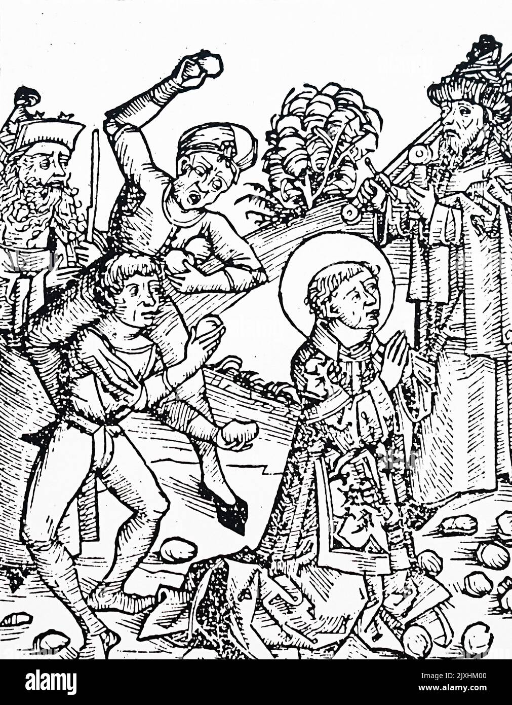 Coupe de bois représentant le martyre de Saint Stephen en étant lapidé à mort. Daté du 15th siècle Banque D'Images