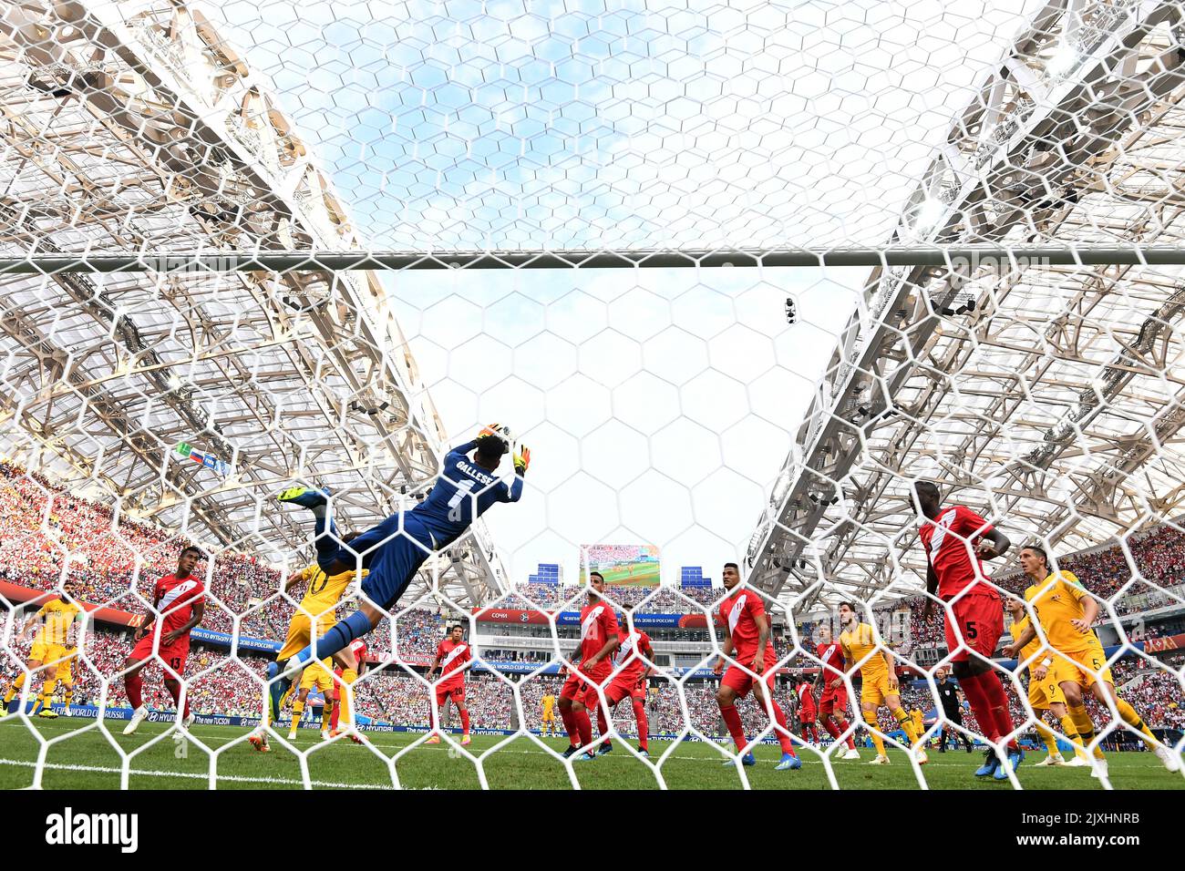 Le gardien de but Pedro Gallese du Pérou sauve cette tentative sur but par l'Australie lors de leur dernier match de groupe de la coupe du monde de la FIFA au stade Fisht lors de la coupe du monde de la FIFA 2018 à Sotchi, Russie, mardi, 26 juin 2018. (AAP image/Dean Lewins) Banque D'Images