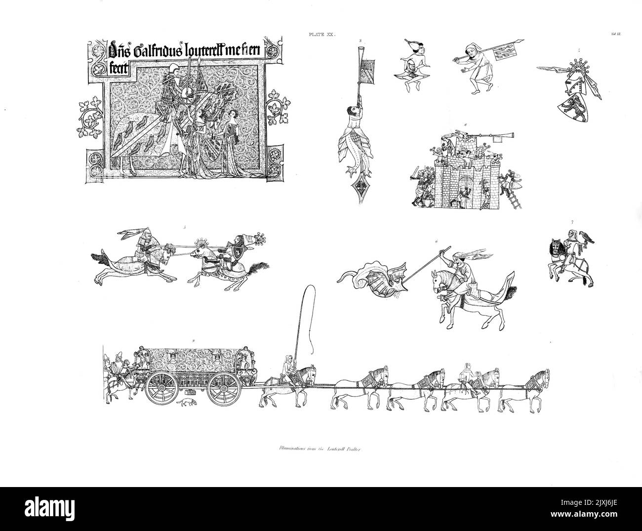 Louterell Psalter, un manuscrit illuminé de la première partie du Quatorzième la Louterell Psalter, si précieux pour les illustrations qu'elle offre des coutumes et des coutumes anglaises pendant la première partie du XIVe siècle, est un épais folio sur vélin, mesurant 14 pouces par 10, et contient 309 feuilles, à côté d'une feuille de mouche à chaque extrémité Banque D'Images