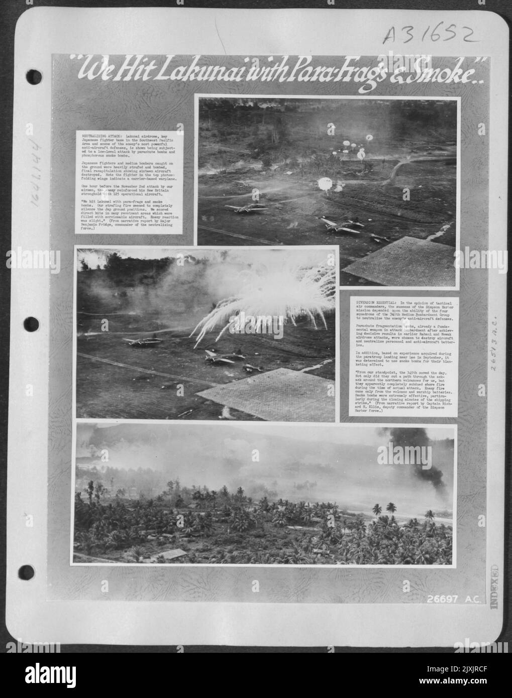ATTAQUE NEUTRALISANTE : l'aérodrome de Lakunai, base de chasse japonaise clé dans la zone du Pacifique Sud-Ouest et scène des défenses anti-aériennes les plus puissantes de l'ennemi, est exposé à une attaque de bas niveau par des bombes de parachute et de la fumée de phosphore Banque D'Images