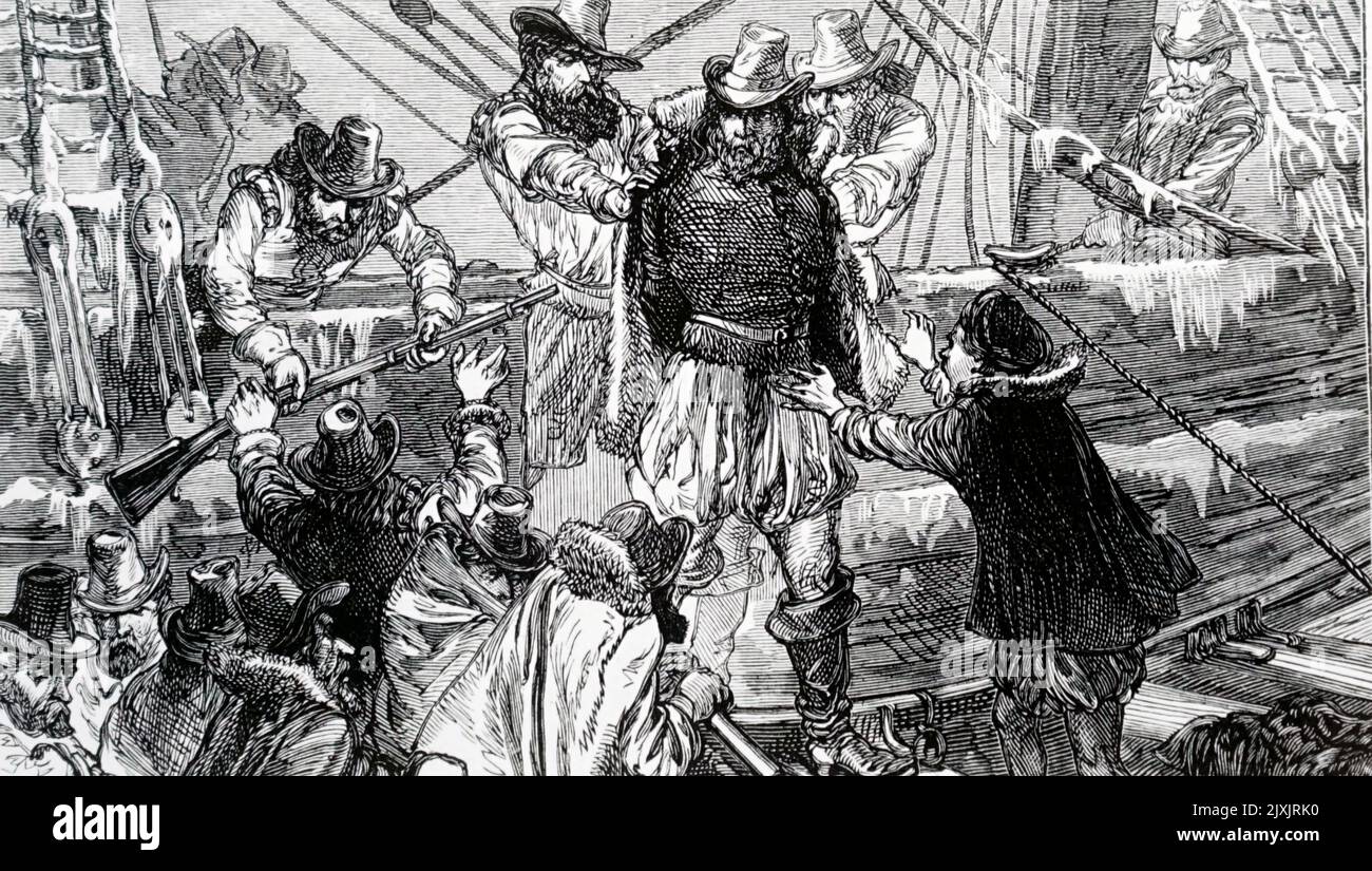Gravure représentant Henry Hudson (1556-1611) poussé par des mutinés dans le petit bateau dans lequel, avec son fils et quelques compagnons, il a été mis à la dérive. Daté. 19th siècle Banque D'Images