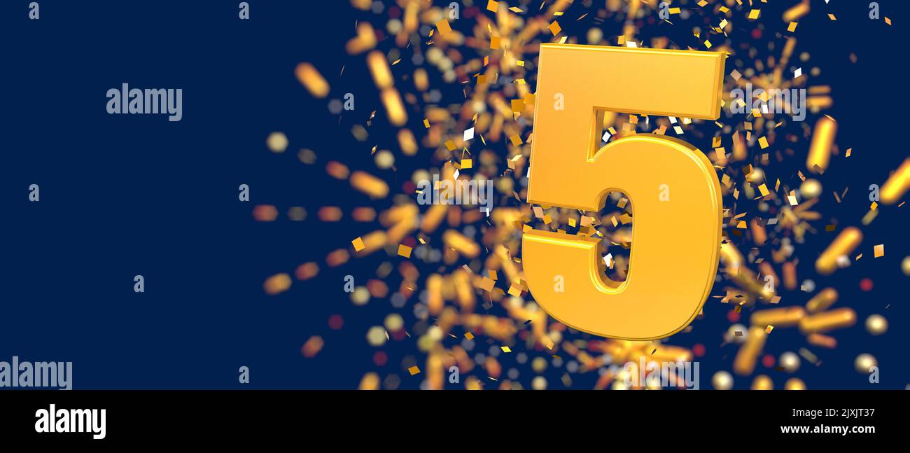 Numéro d'or 5 au premier plan avec des confettis d'or tombant et des feux d'artifice hors de la mise au point sur un fond bleu foncé. 3D Illustration Banque D'Images