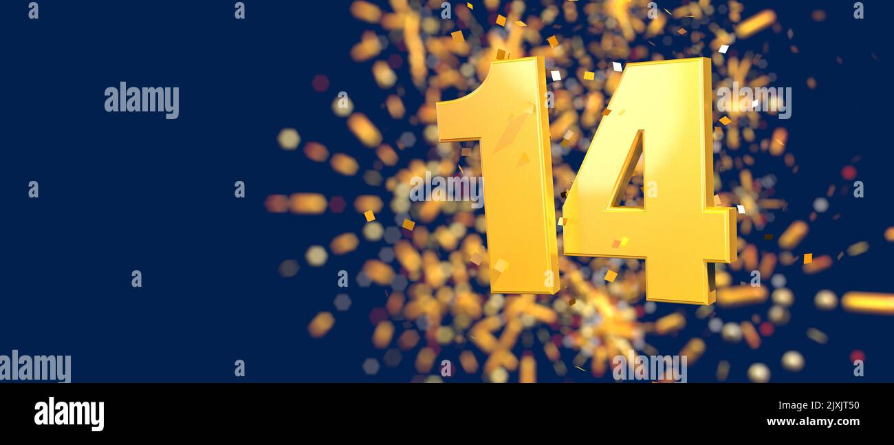 Numéro d'or 14 au premier plan avec des confettis d'or tombant et des feux d'artifice hors de la mise au point sur un fond bleu foncé. 3D Illustration Banque D'Images