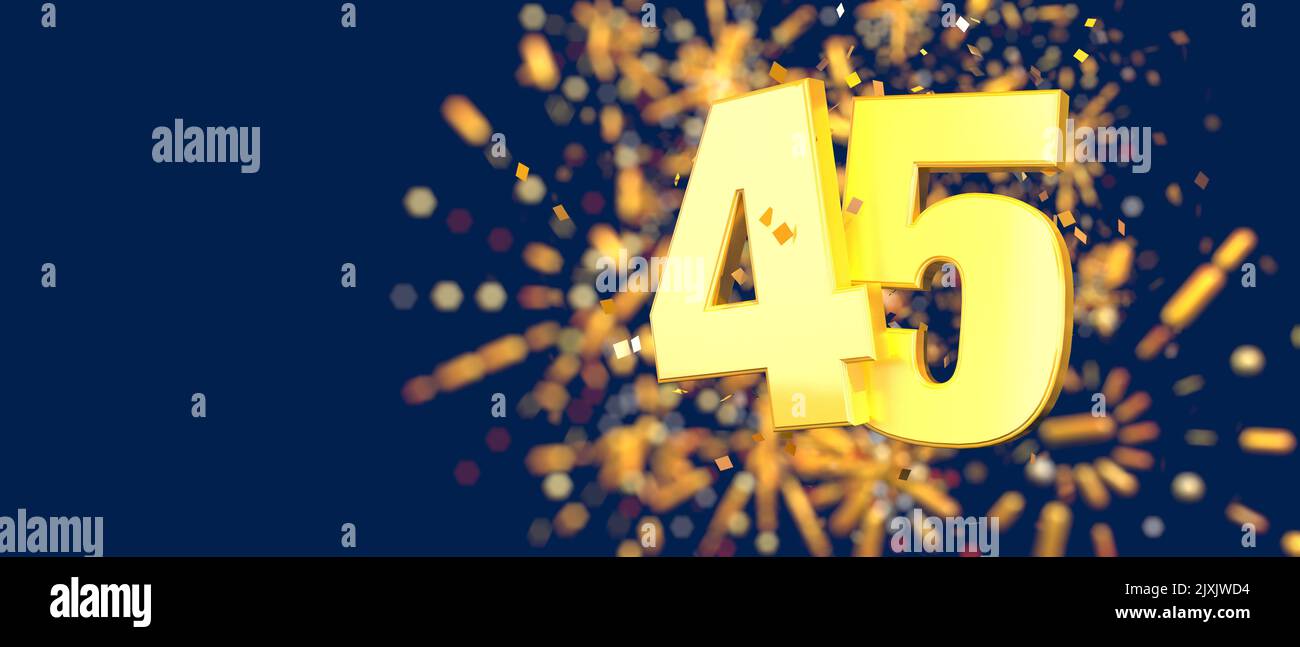 Numéro d'or 45 au premier plan avec des confettis d'or tombant et des feux d'artifice hors de la mise au point sur un fond bleu foncé. 3D Illustration Banque D'Images