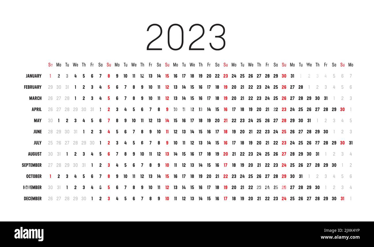 Calendrier mural de l'année 2023 avec dates alignées. Modèle vectoriel d'une page, conception linéaire et horizontale. Illustration de Vecteur