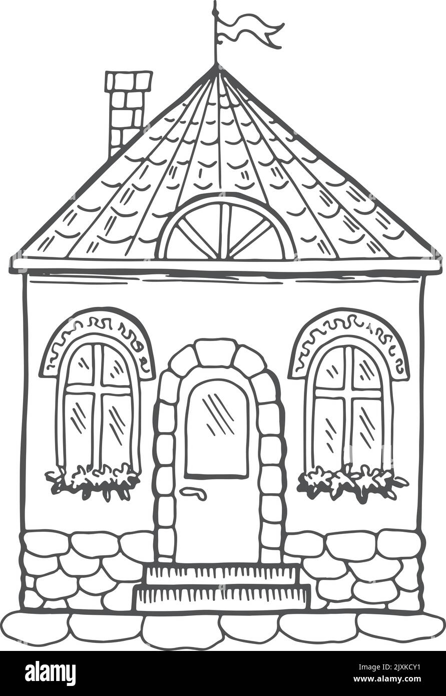 Jolie façade de maison rétro. Esquisse extérieure du bâtiment Illustration de Vecteur