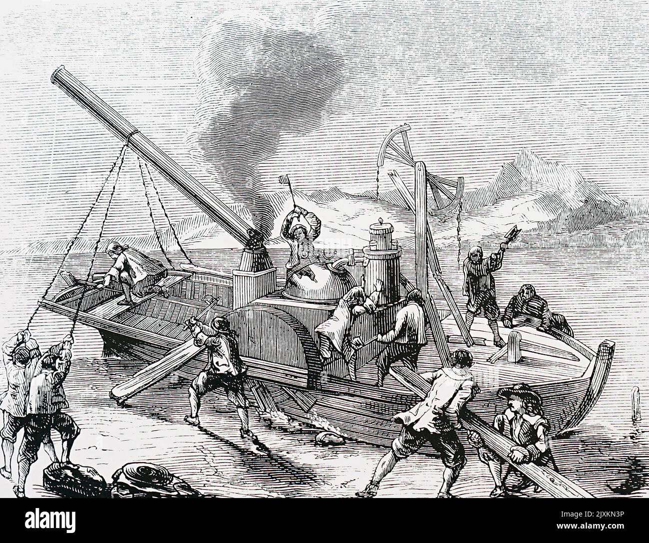Illustration représentant les ouvriers de Weser qui détruisent le bateau à vapeur de Denis Papin. Denis Papin (1647-1713) psyché, mathématicien et inventeur français. Daté du 18th siècle Banque D'Images